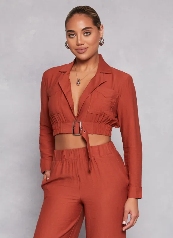 Linen Buckle Detail Cropped Blazer sold by Rainbow