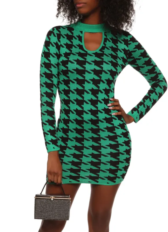 Mock Neck Houndstooth Keyhole Sweater Dress sold by Rainbow