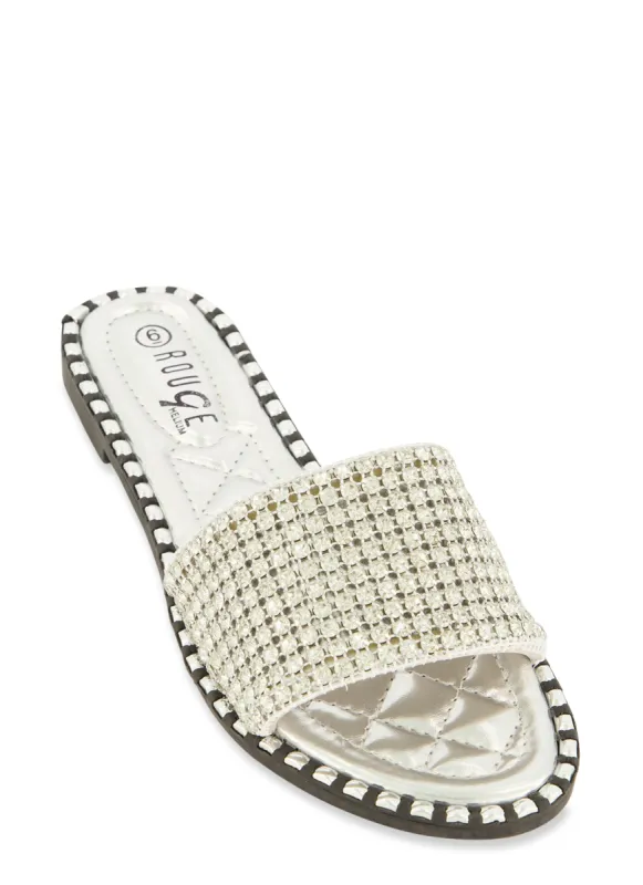 Studded Trim Rhinestone Single Band Slide Sandals sold by Rainbow