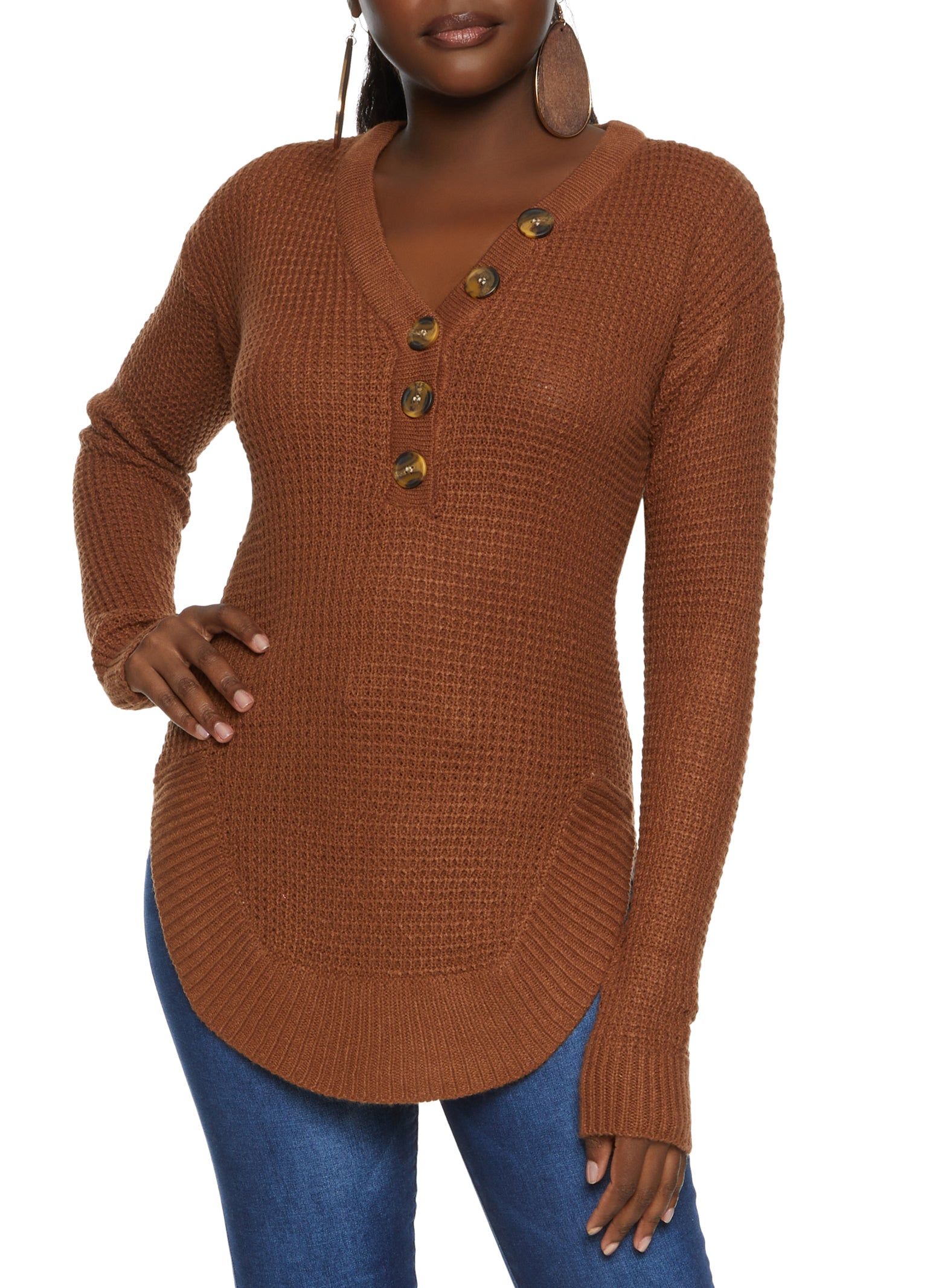 Waffle Knit Faux Button Detail Sweater sold by Rainbow