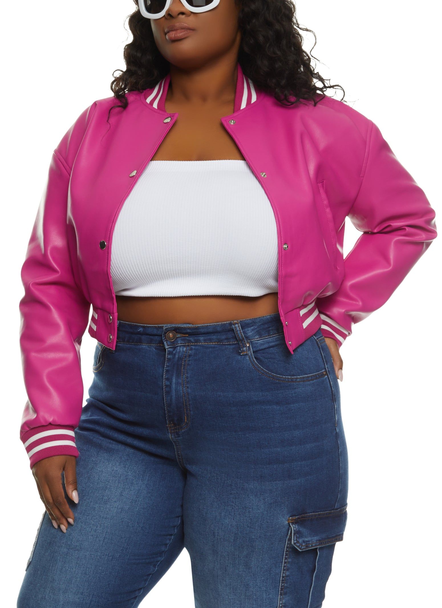 Plus Size Faux Leather Cropped Varsity Bomber Jacket sold by Rainbow