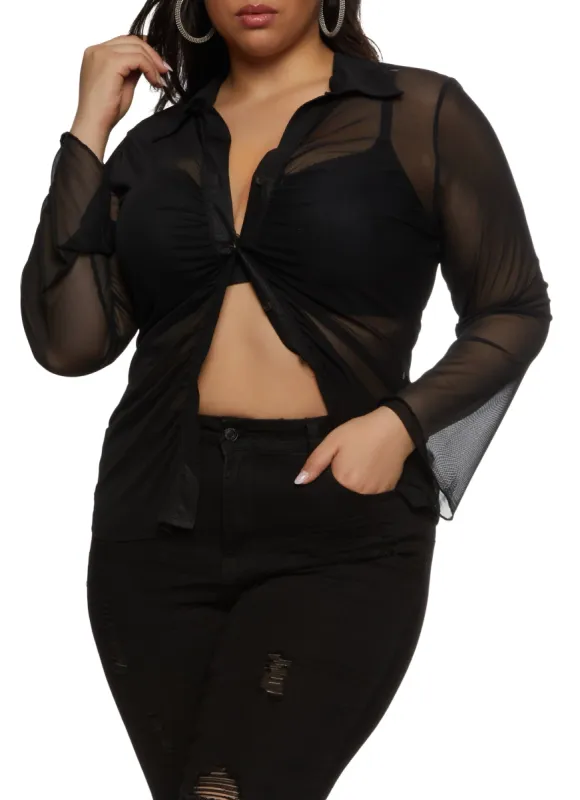 Plus Size Mesh Ruched Button Front Shirt sold by Rainbow