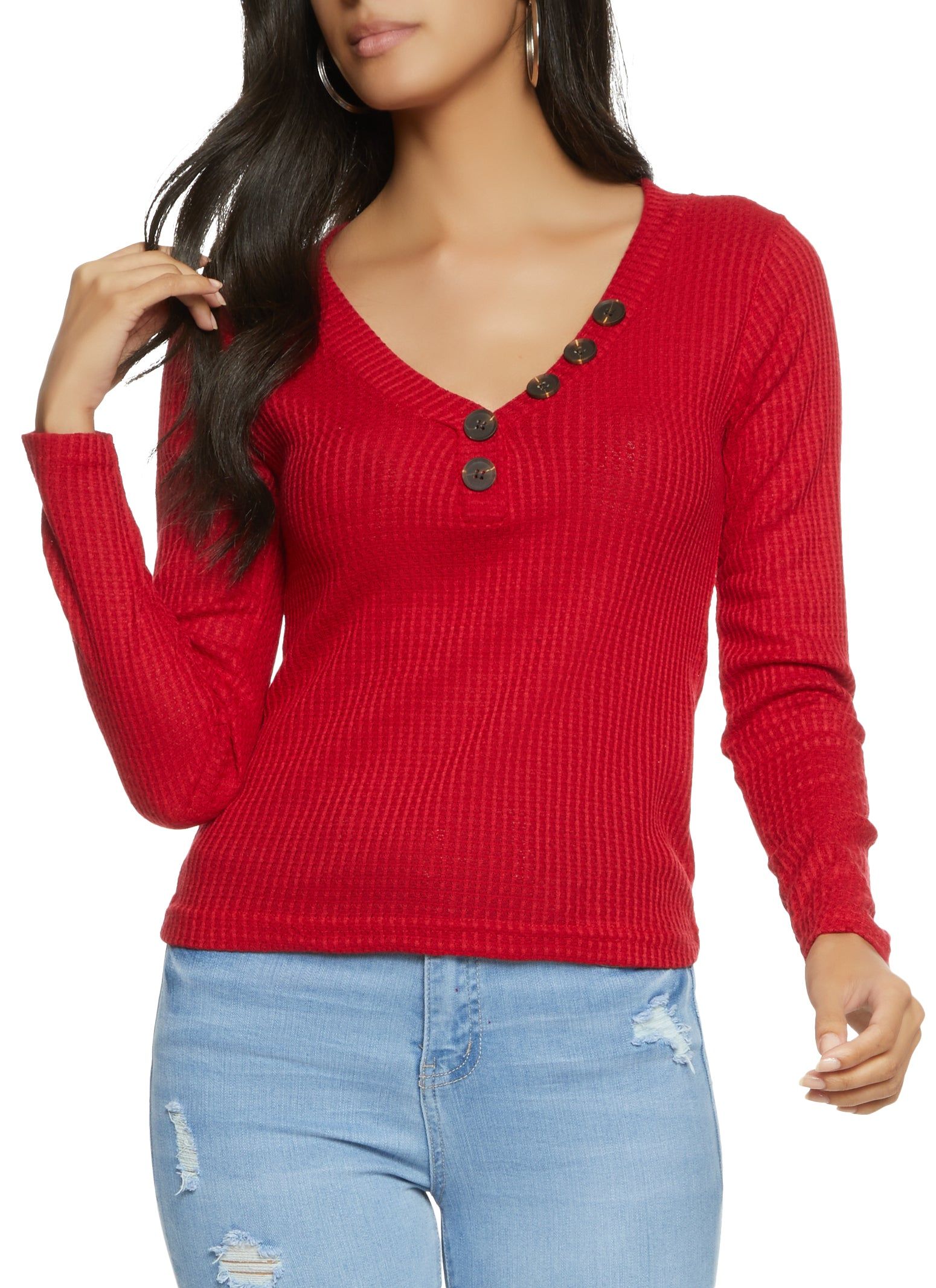 Waffle Knit Faux Button Detail Top sold by Rainbow