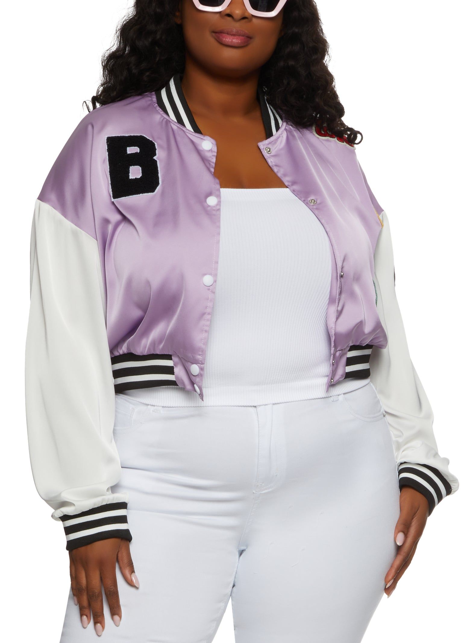 Plus Size Daisy B Chenille Graphic Patch Varsity Jacket sold by Rainbow