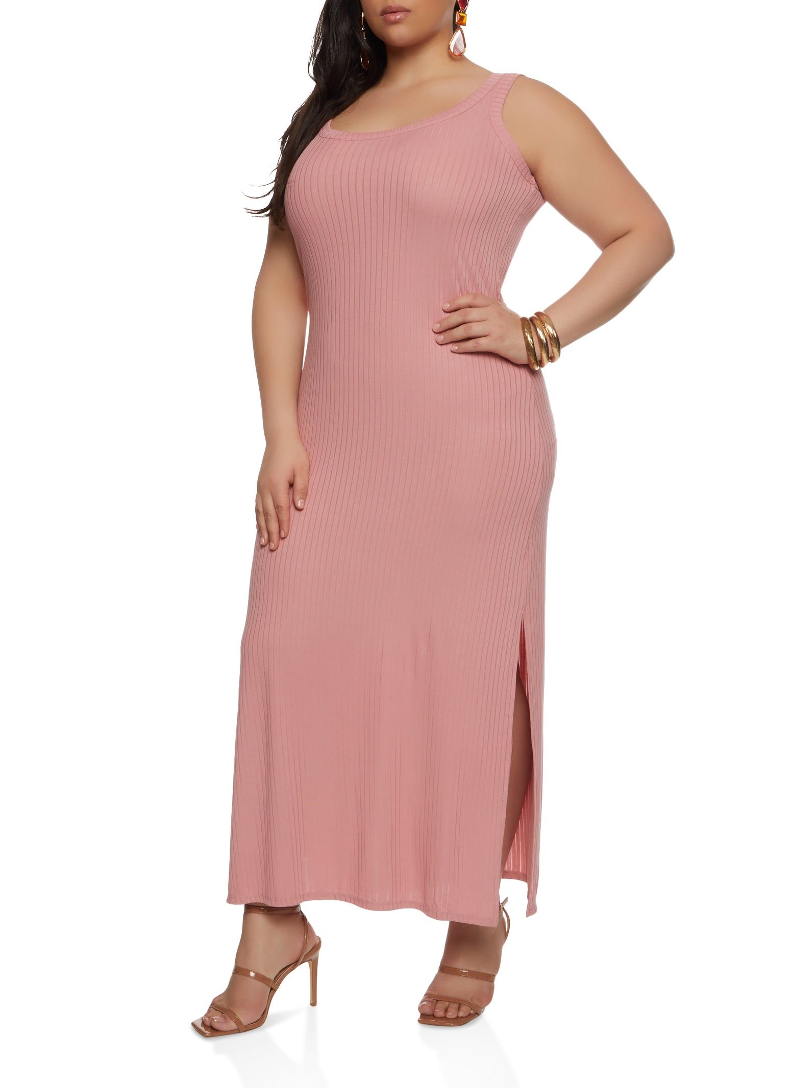 Plus Size Ribbed Knit Side Slit Maxi Tank Dress sold by Rainbow