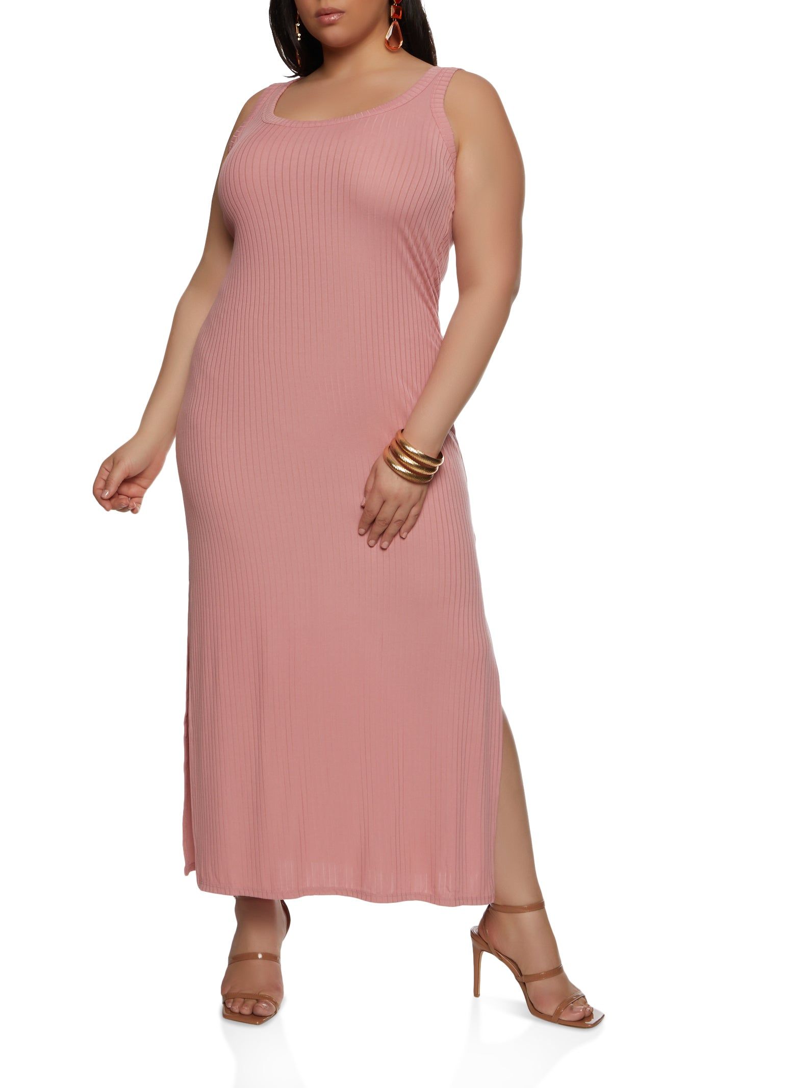 Plus Size Ribbed Knit Side Slit Maxi Tank Dress sold by Rainbow product image thumbnail 2