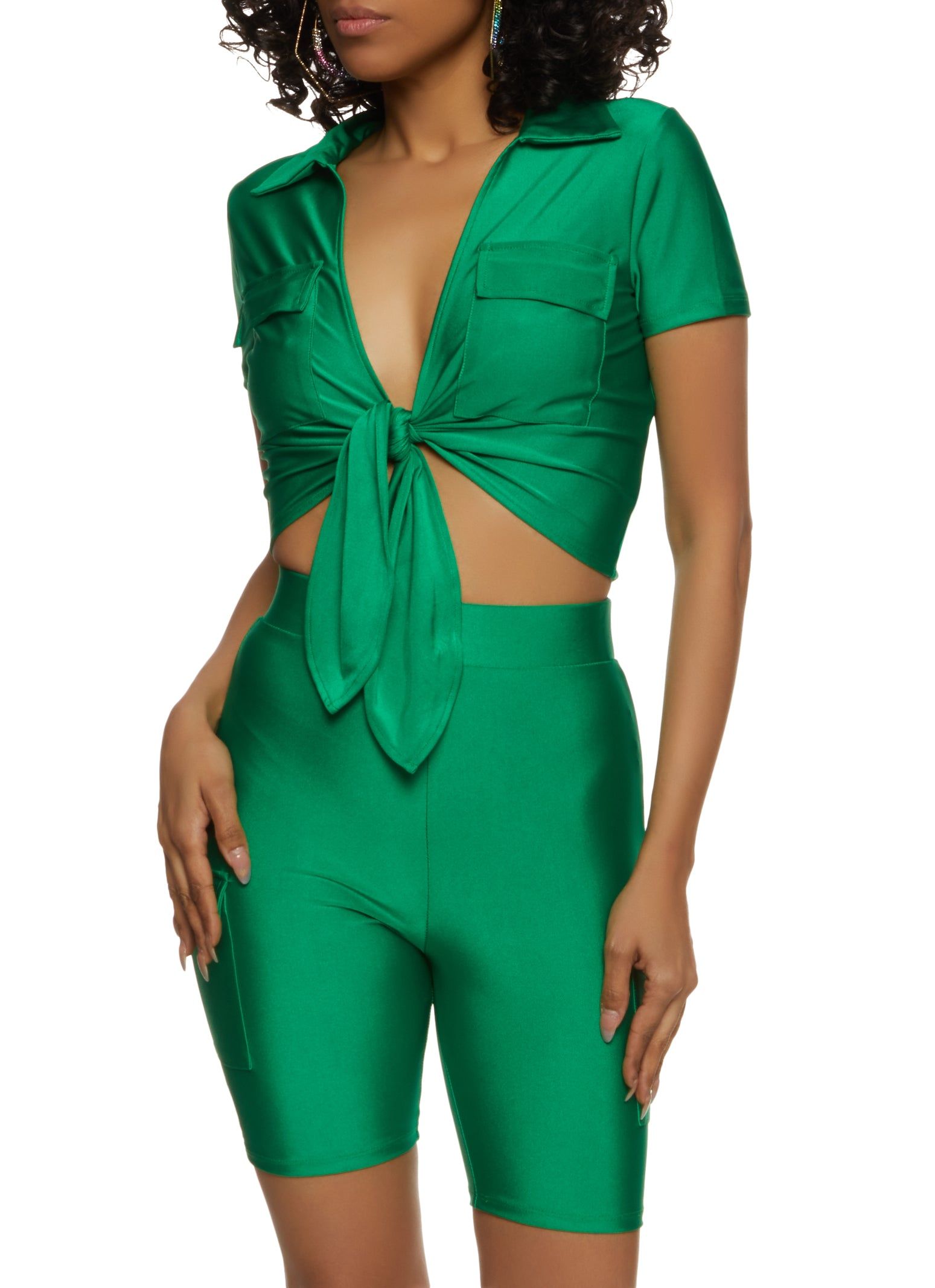 Spandex Flap Pocket Tie Front Crop Top sold by Rainbow product image thumbnail 2