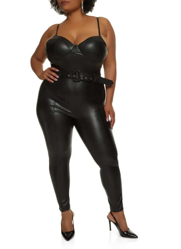 Plus Size Faux Leather Belted Bustier Jumpsuit sold by Rainbow