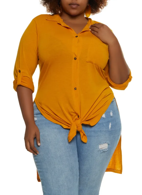 Plus Size Tie Front High Low Shirt sold by Rainbow