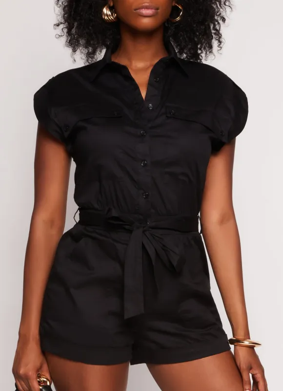 Cap Sleeve Tie Waist Belted Utility Romper sold by Rainbow