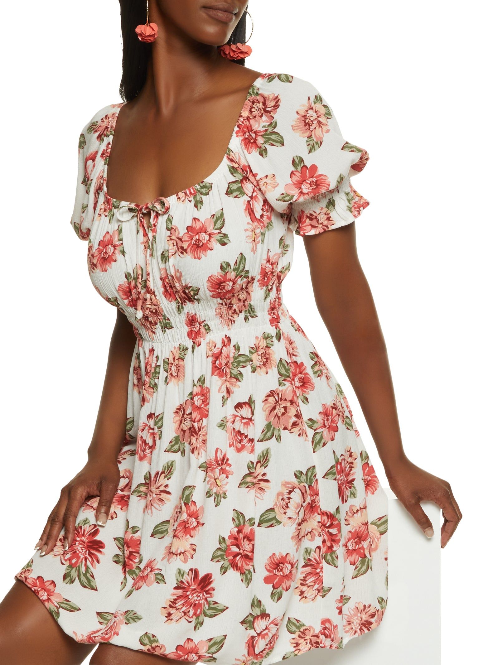 Floral Tie Neck Peasant Dress sold by Rainbow