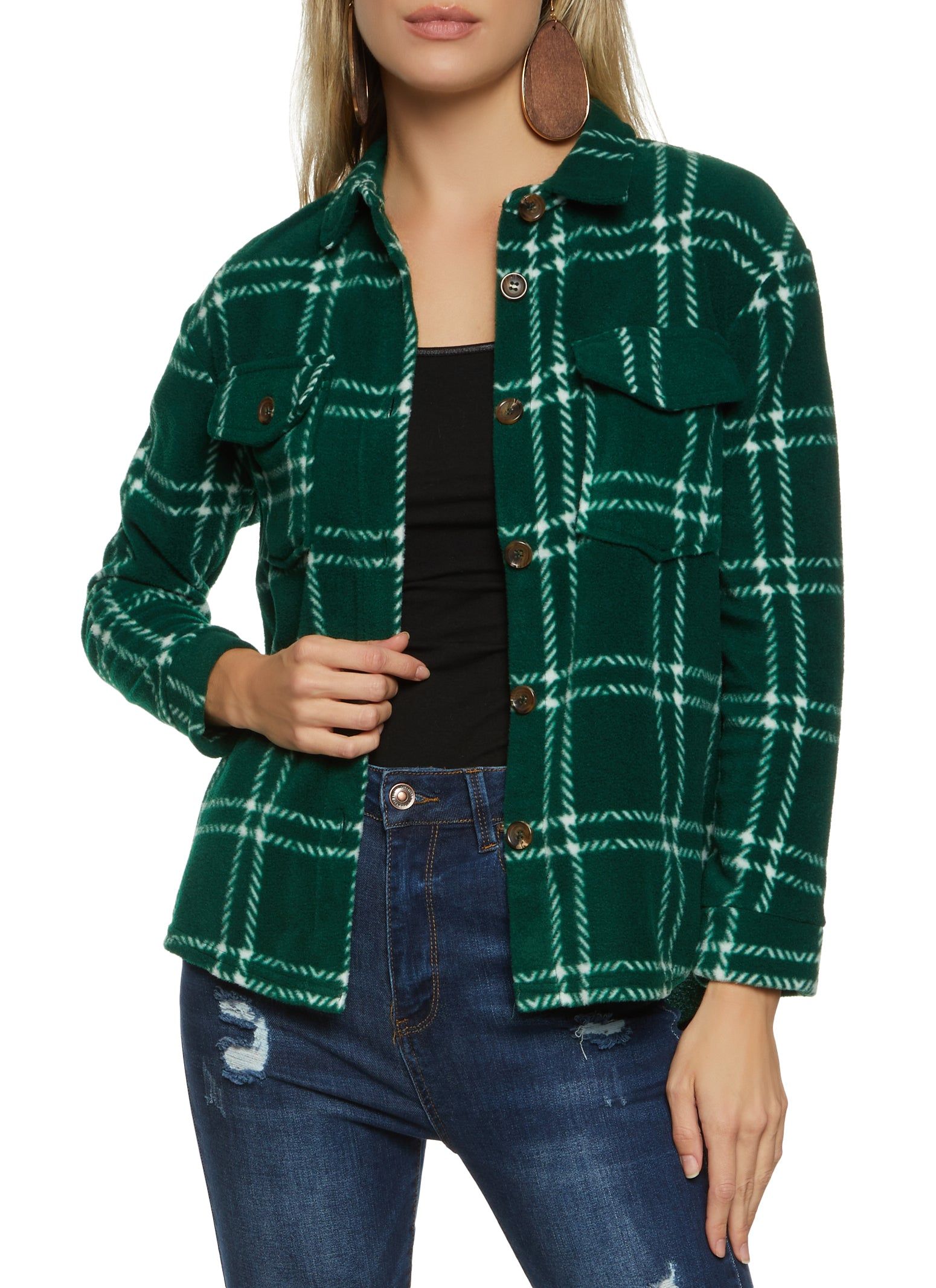 Fleece Plaid Button Down Shacket sold by Rainbow