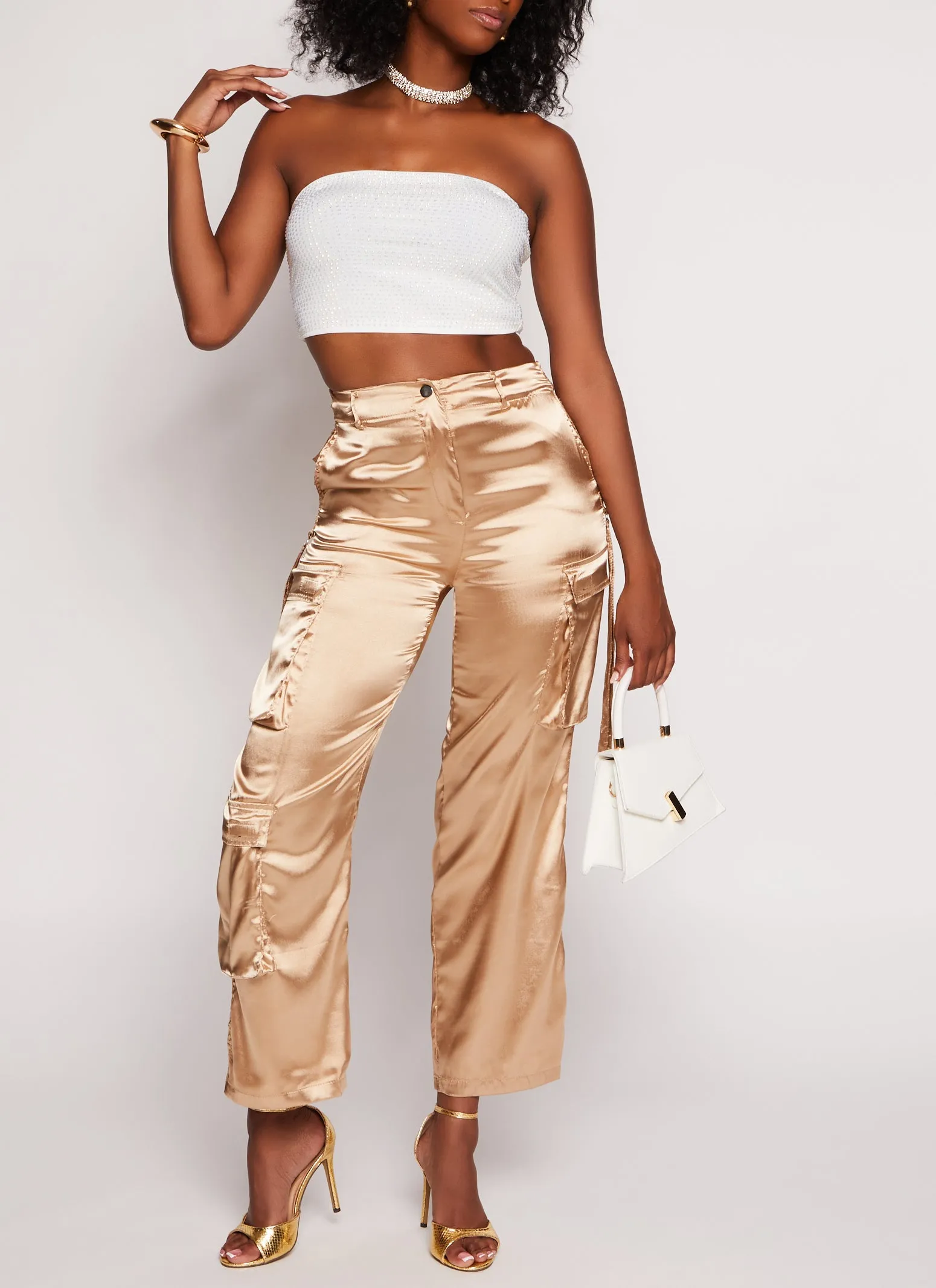 Satin High Waisted Wide Leg Cargo Pants sold by Rainbow