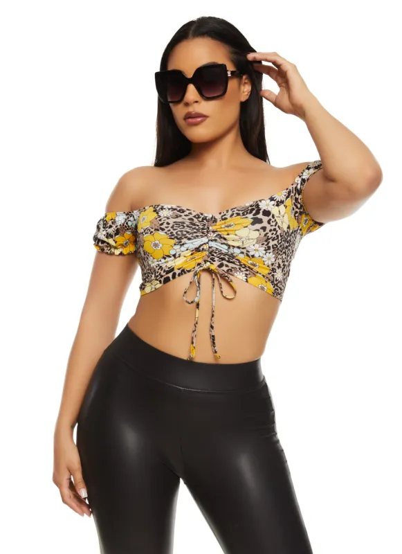 Almost Famous Printed Off the Shoulder Ruched Crop Top sold by Rainbow