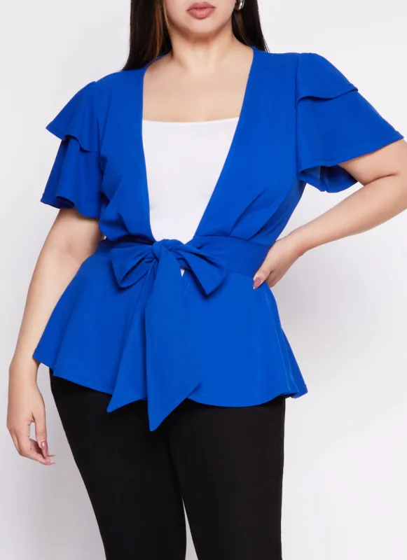 Plus Size Tiered Sleeve Tie Front Peplum Top sold by Rainbow