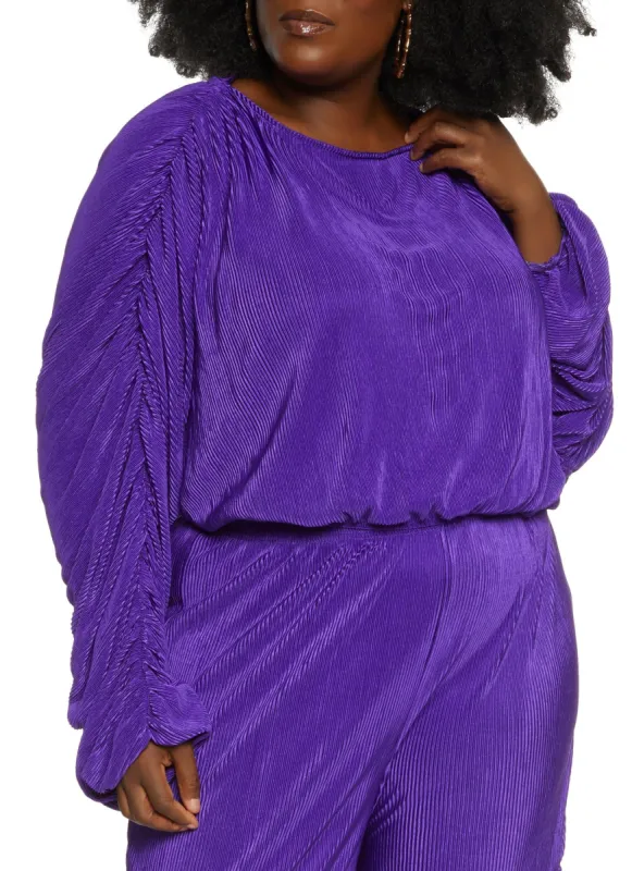 Plus Size Plisse Ruched Long Sleeve Crop Top sold by Rainbow