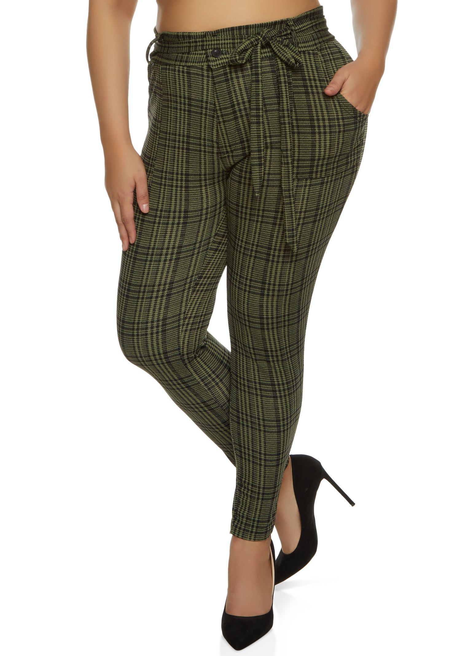Plus Size Plaid Paperbag Waist Belted Skinny Pants sold by Rainbow