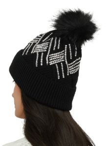 Textured Knit Rhinestone Pom Pom Beanie sold by Rainbow