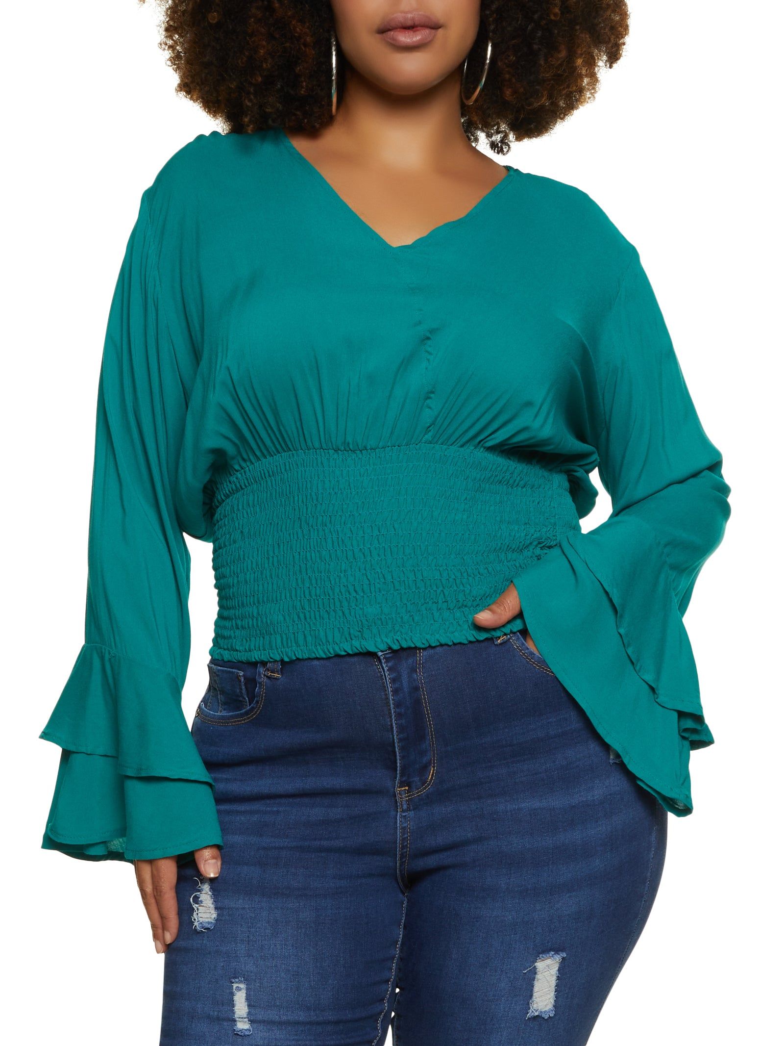 Plus Size Smocked Waist Faux Wrap Top sold by Rainbow