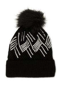 Textured Knit Rhinestone Pom Pom Beanie sold by Rainbow