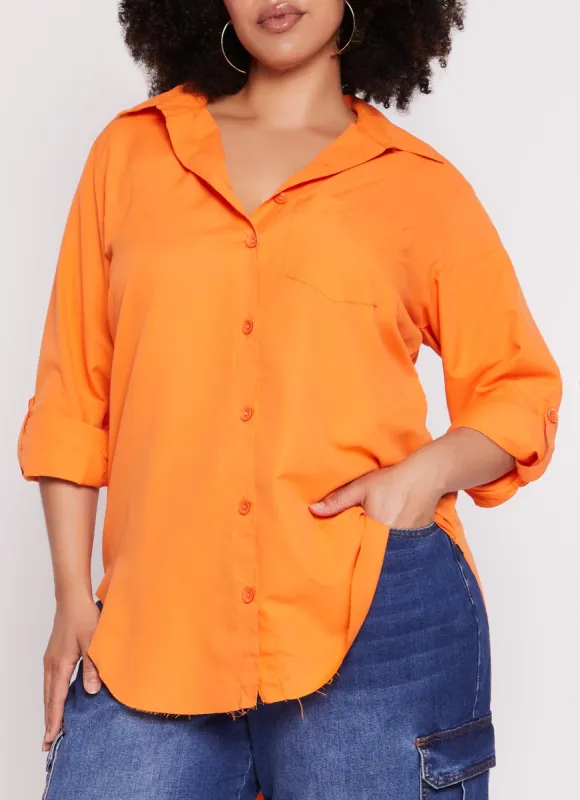 Plus Size Button Front Raw Hem Shirt sold by Rainbow