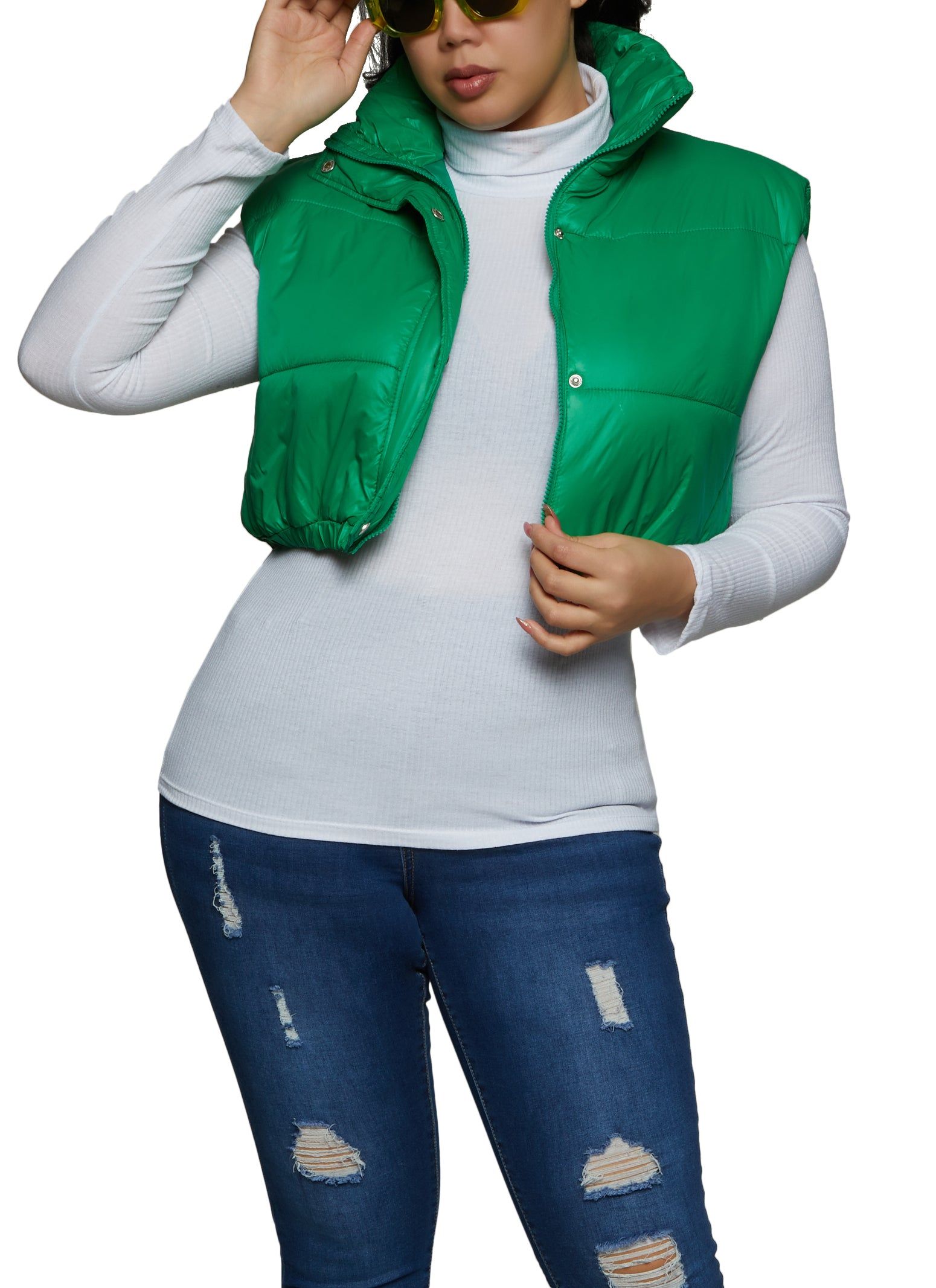 Plus Size Snap Button Zip Front Cropped Puffer Vest sold by Rainbow