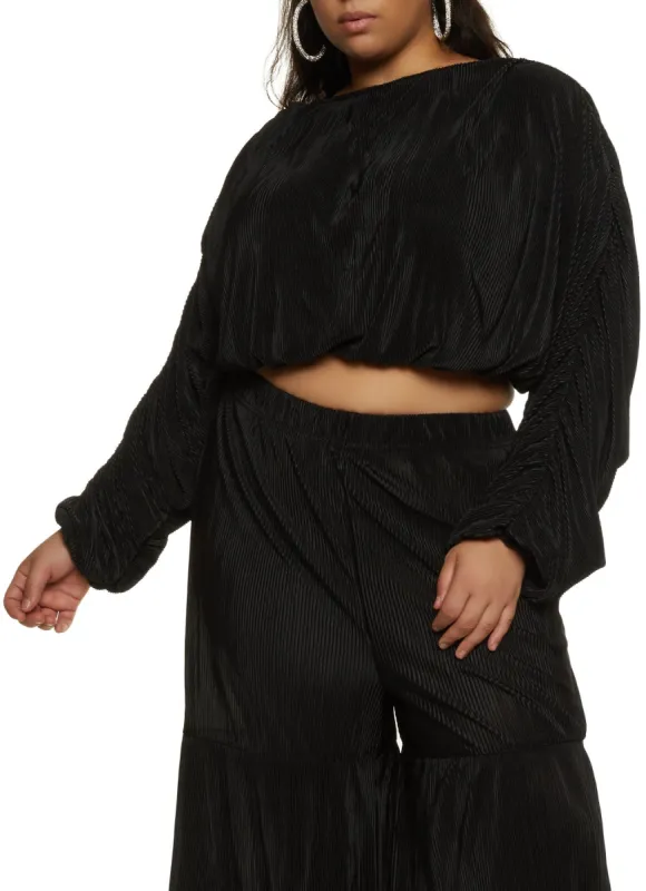 Plus Size Plisse Ruched Long Sleeve Crop Top sold by Rainbow