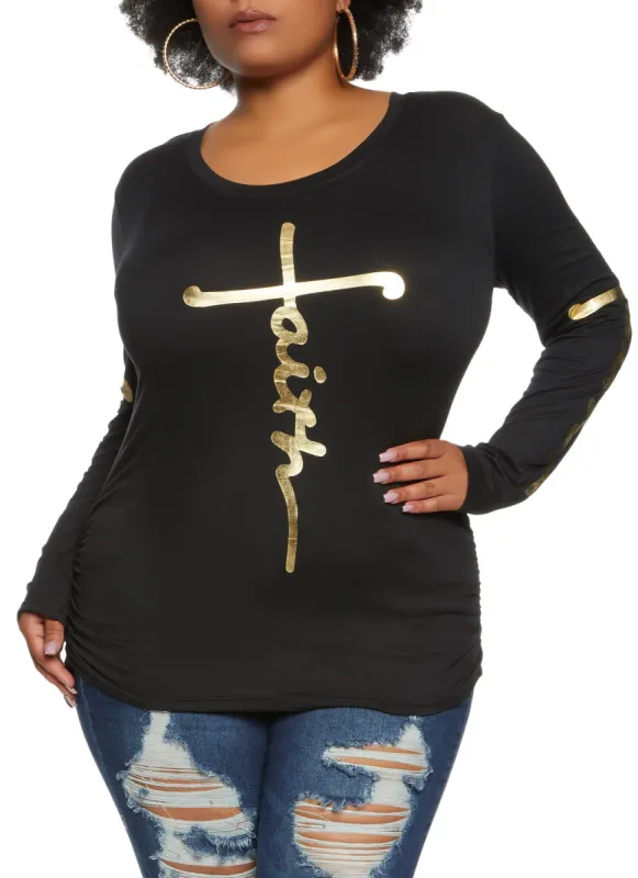 Plus Size Faith Foil Screen Long Sleeve Top sold by Rainbow