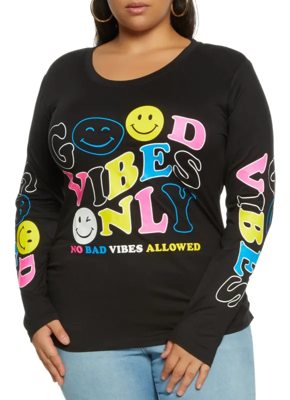 Plus Size Good Vibes Only Long Sleeve Tee sold by Rainbow