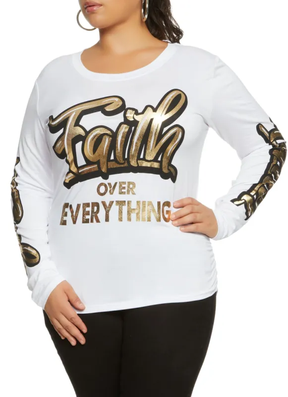Plus Size Faith Over Everything Foil Screen Long Sleeve Tee sold by Rainbow