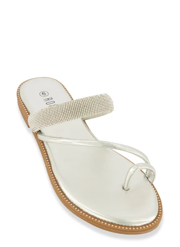 Toe Loop Studded Rhinestone Band Slide Sandals sold by Rainbow