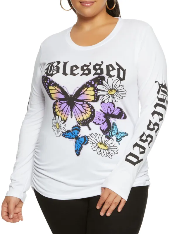 Plus Size Blessed Ruched Graphic Tee sold by Rainbow