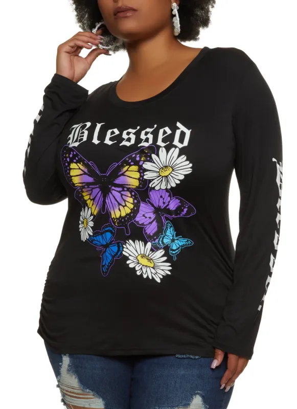 Plus Size Blessed Ruched Graphic Tee sold by Rainbow