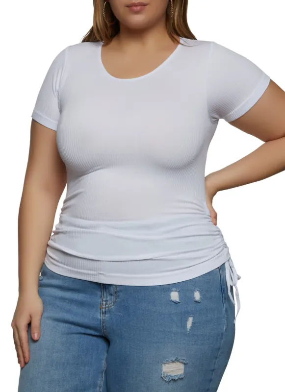 Plus Size Rib Knit Ruched Short Sleeve Top sold by Rainbow