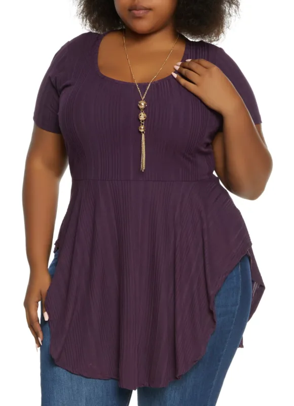 Plus Size Rib Knit Ruffled Hem Top with Necklace sold by Rainbow