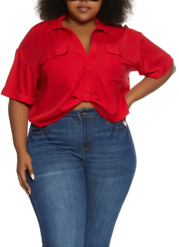 Plus Size Crepe Knit Twist Front Pocket Shirt sold by Rainbow