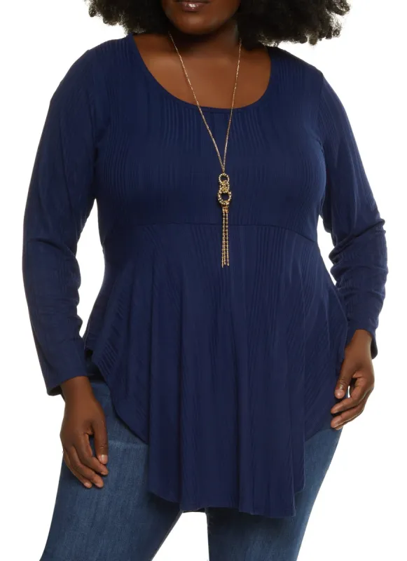 Plus Size Long Sleeve Peplum Top with Necklace sold by Rainbow