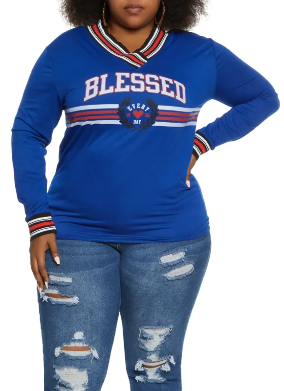 Plus Size Blessed Long Sleeve Varsity Tee sold by Rainbow
