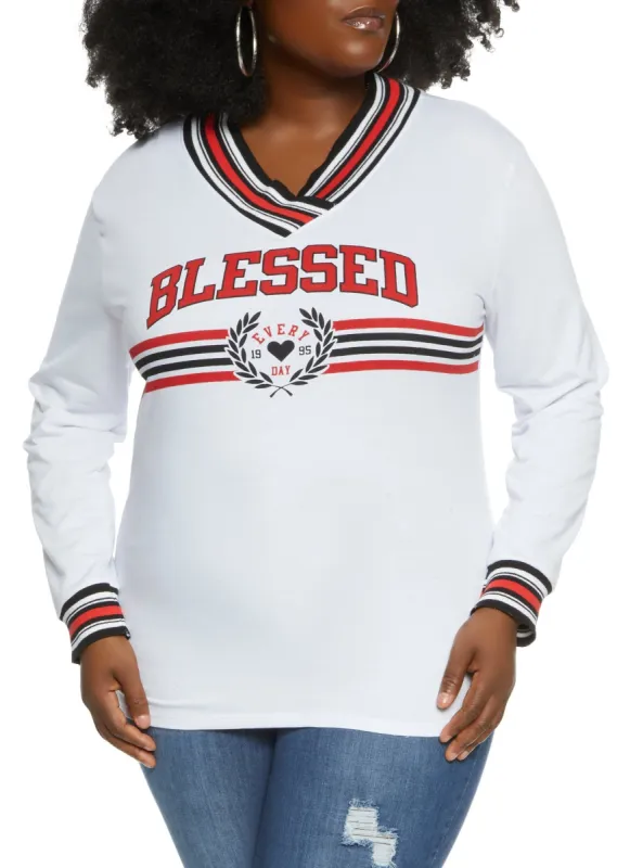Plus Size Blessed Long Sleeve Varsity Tee sold by Rainbow