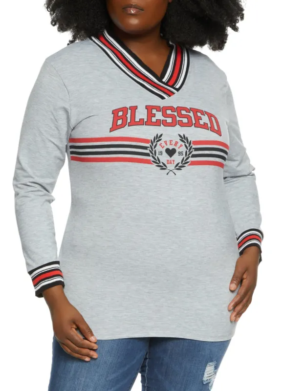 Plus Size Blessed Long Sleeve Varsity Tee sold by Rainbow