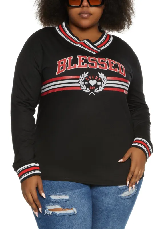 Plus Size Blessed Long Sleeve Varsity Tee sold by Rainbow
