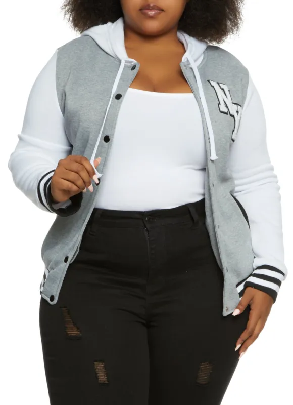 Plus Size Hooded Color Block Letterman Jacket sold by Rainbow