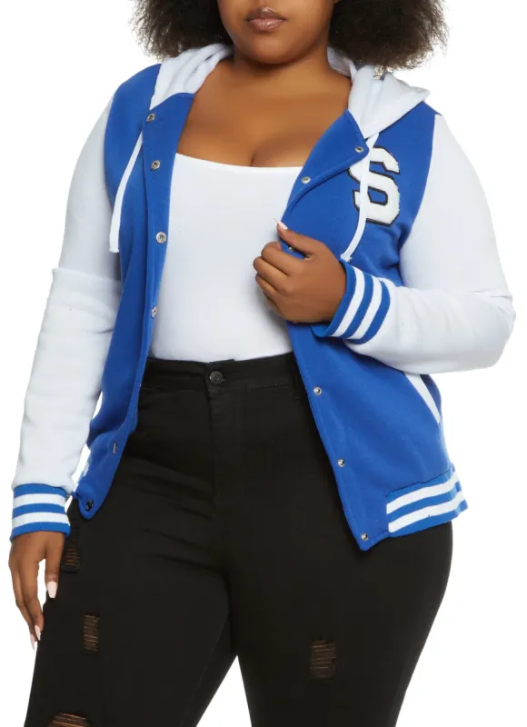 Plus Size Hooded Color Block Letterman Jacket sold by Rainbow