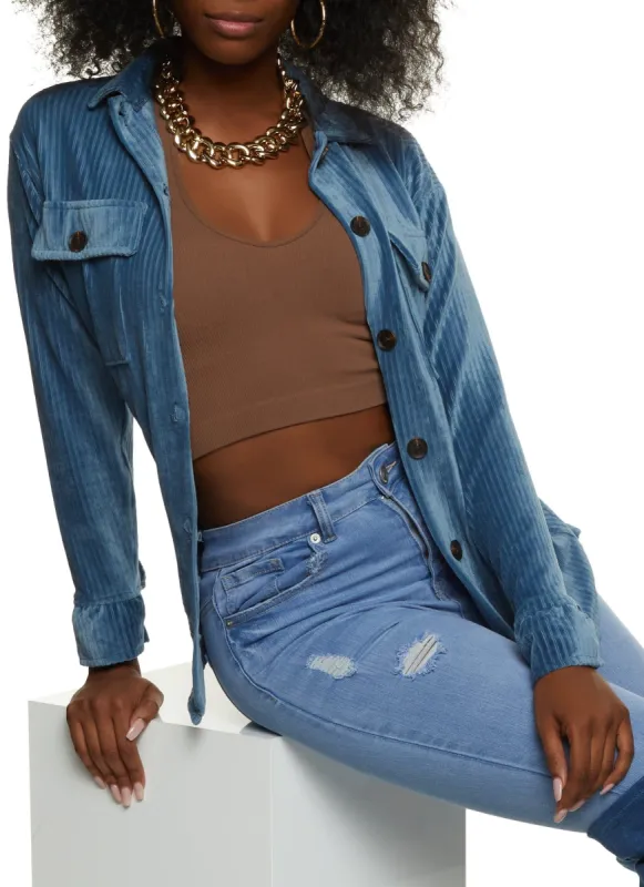 Ribbed Knit Velour Button Front Shirt sold by Rainbow