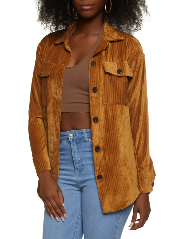 Ribbed Knit Velour Button Front Shirt sold by Rainbow