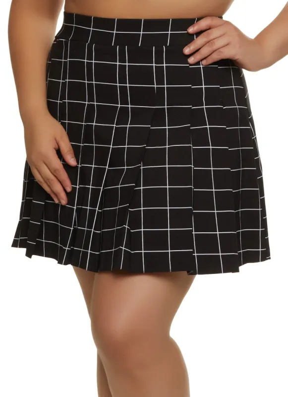 Plus Size Windowpane Print Pleated Skirt sold by Rainbow