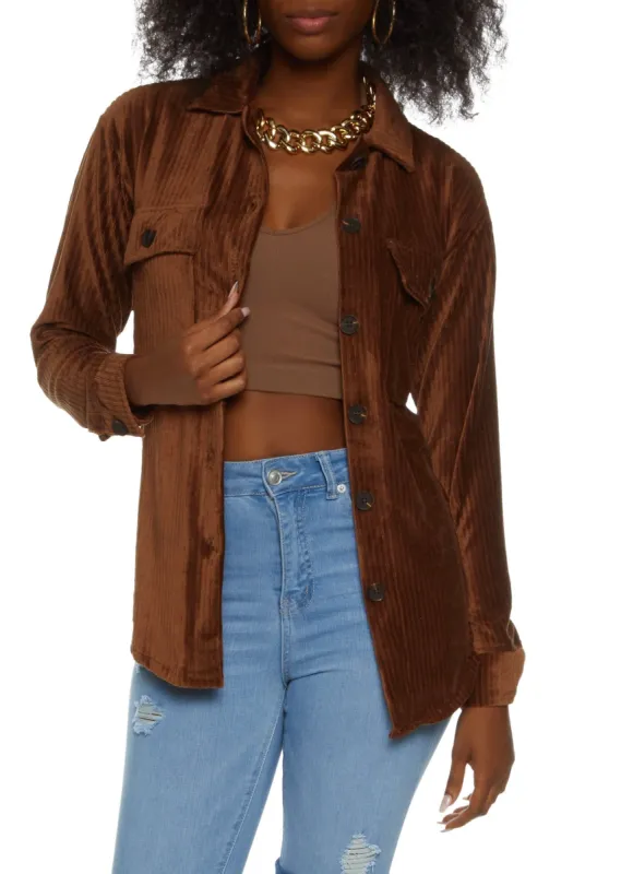 Ribbed Knit Velour Button Front Shirt sold by Rainbow