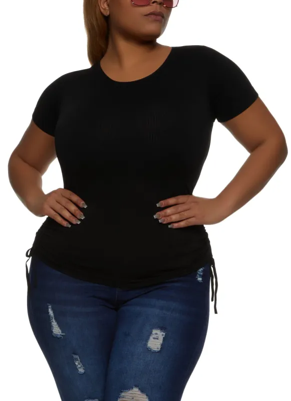 Plus Size Rib Knit Ruched Short Sleeve Top sold by Rainbow