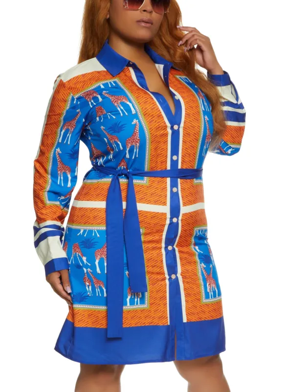 Plus Size Giraffe Scarf Print Shirt Dress sold by Rainbow
