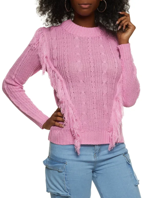 Mock Neck Fringe Cable Knit Sweater sold by Rainbow